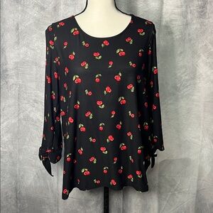 GILLI Cherry Print on Black Open Tie Slit Sleeve Boatneck Top - MED